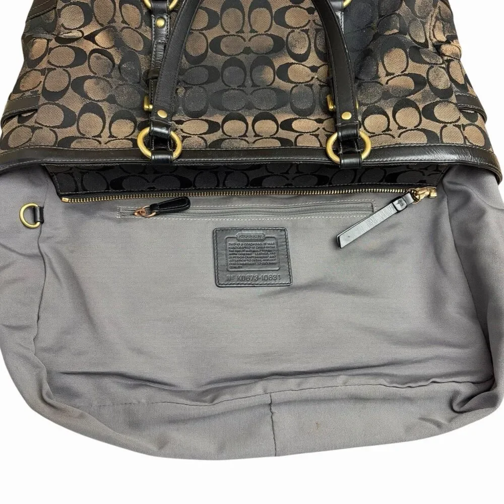 VTG Coach Signature Gallery Tote Shoulder Bag Brown Black Jacquard Leather Trim